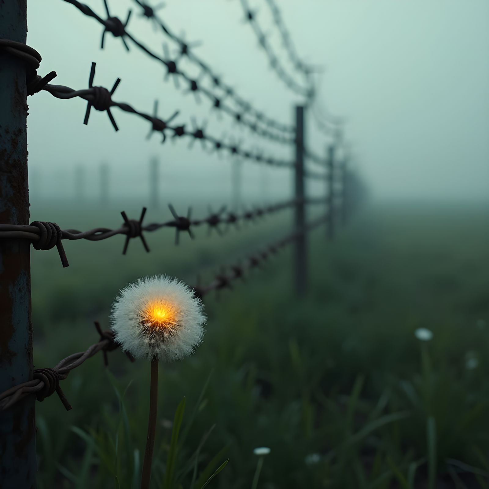 Haunting Barbed Wire Fence Landscape with Yellow Dandelion