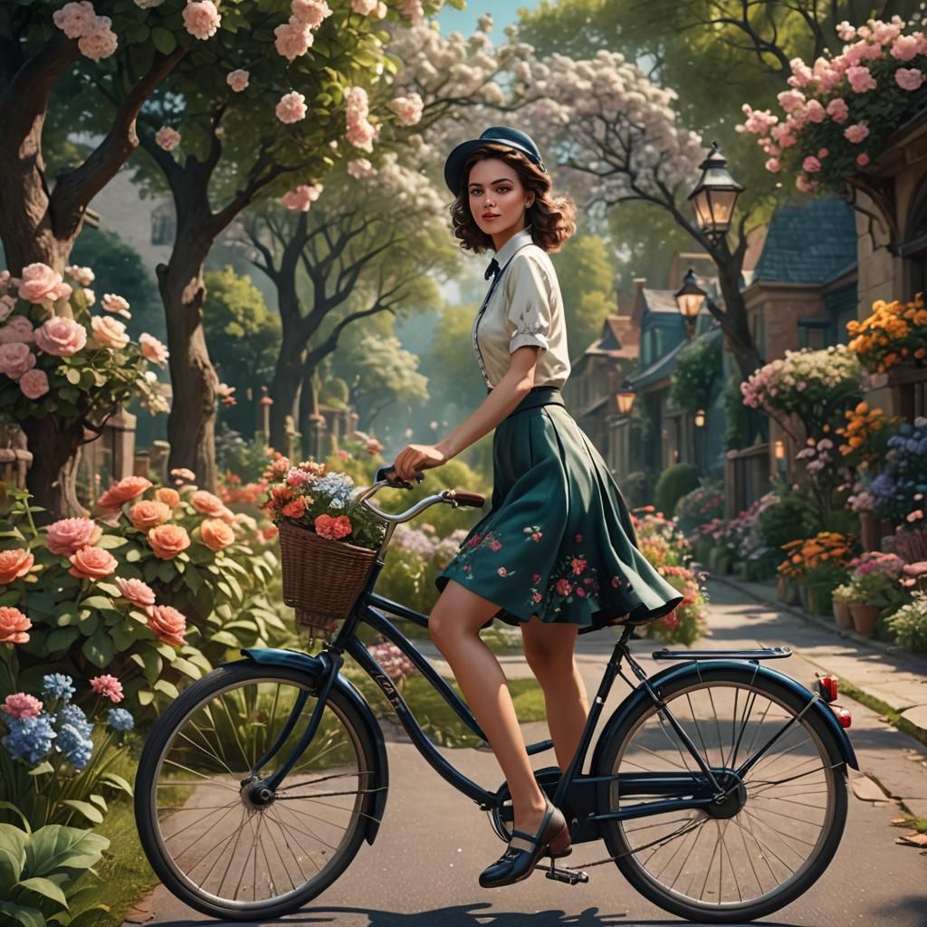 Beautiful Woman on Vintage Bicycle in Garden