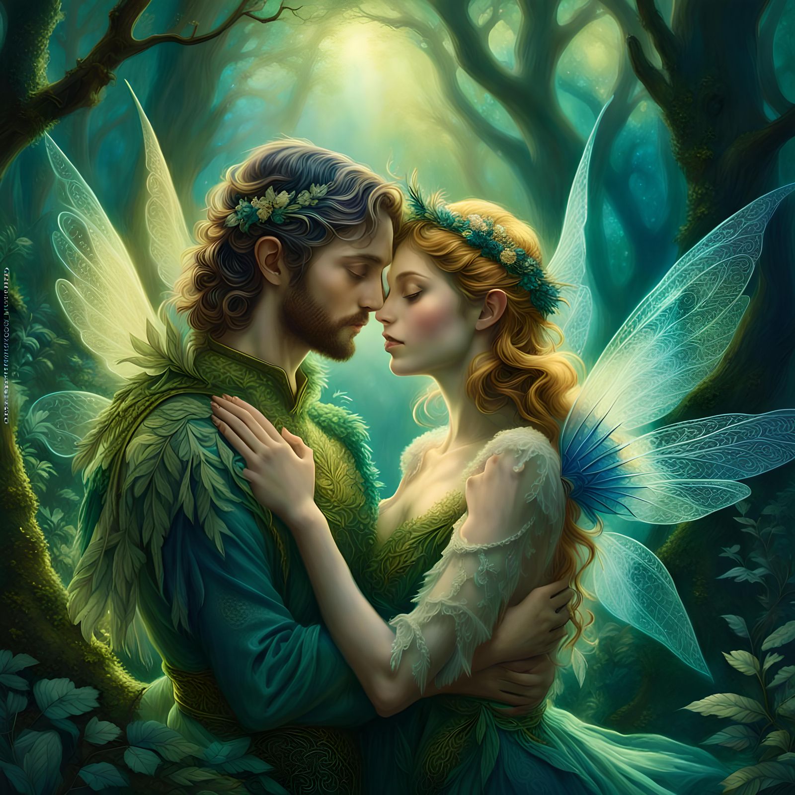 Fairy Lovers in Green Bower: Detailed Fantasy Art