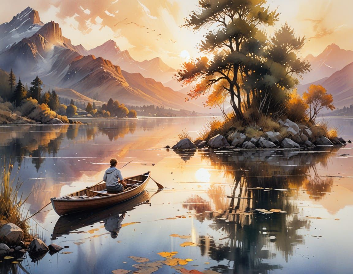 Tranquil Rowboat on Calm Lake at Golden Hour