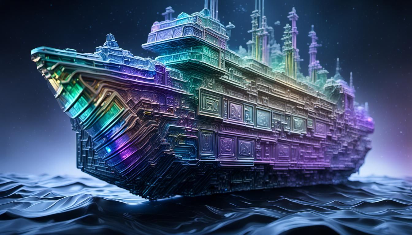 Bismuth Glass Ship Sculpture in Turbulent Sea