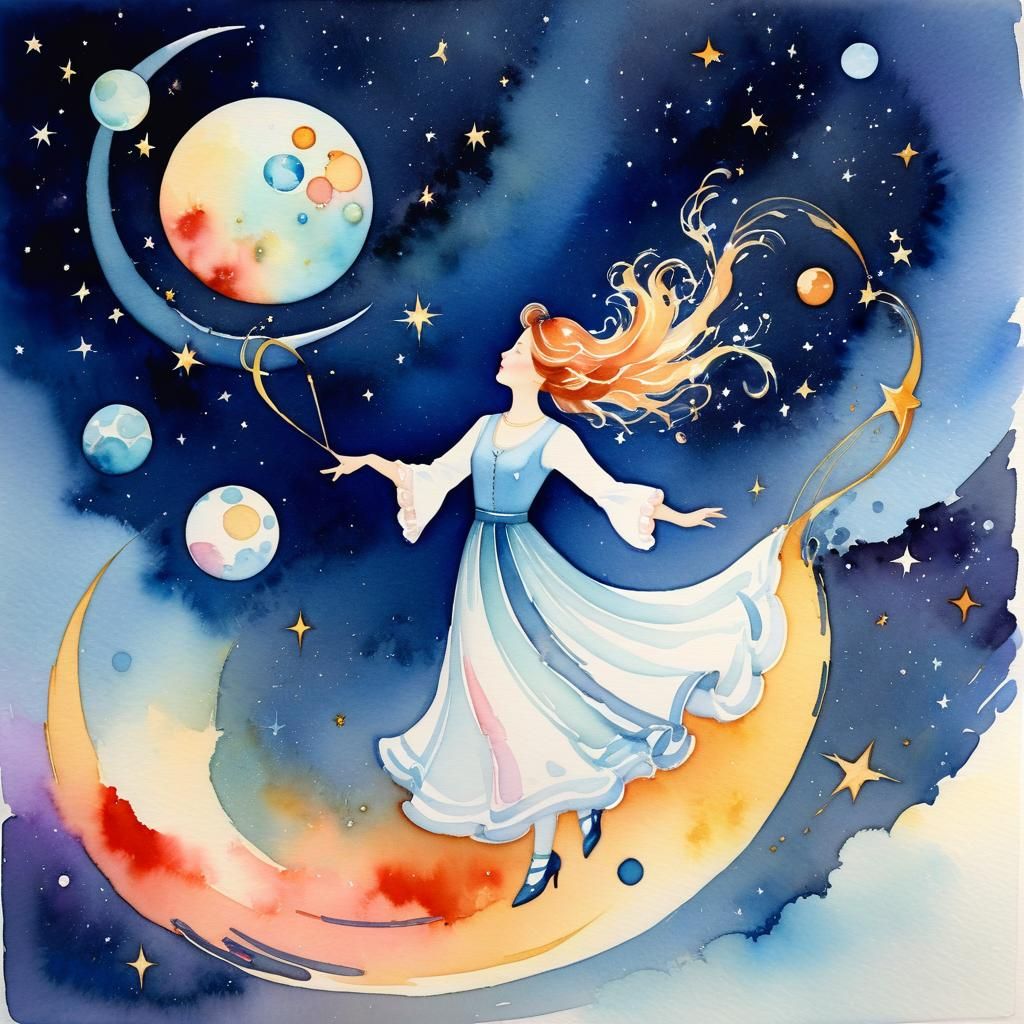 Heavenly Juggler Twirling Comets in Watercolor