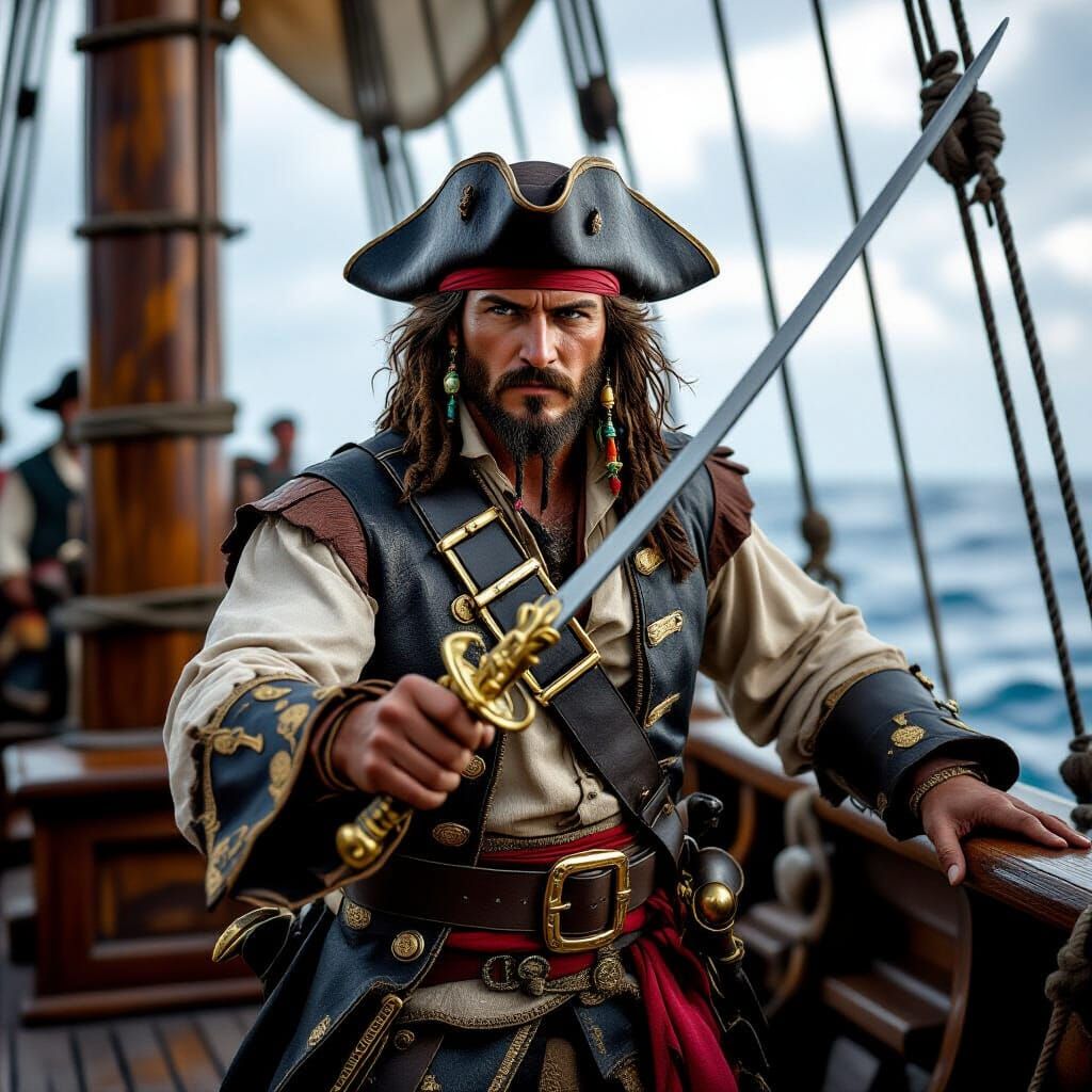 Swashbuckling Pirate on Ship with Rapier
