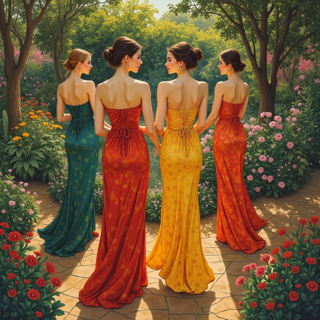 Elegant Women in a Sunlit Garden, Art Nouveau Style