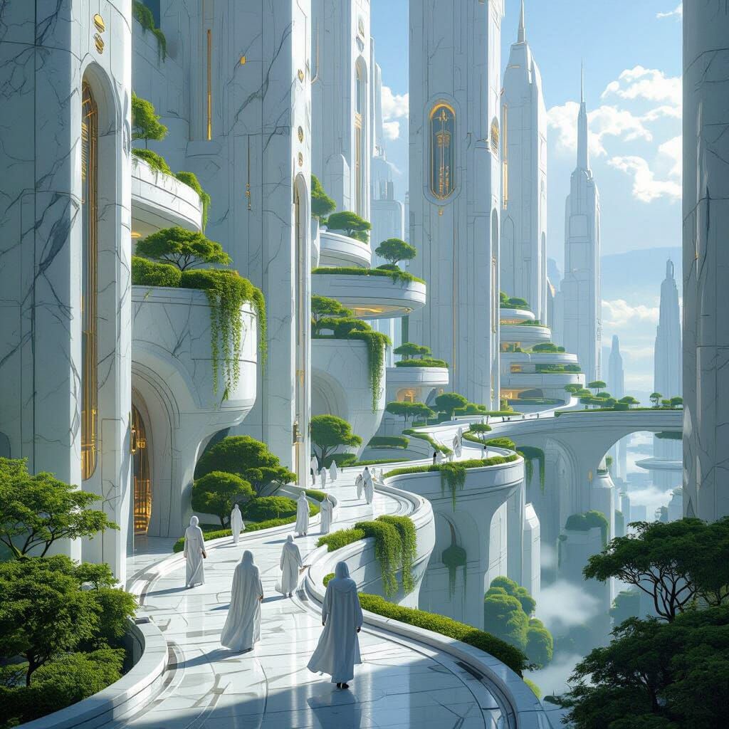 Elegant Sci-Fi City of White Marble and Green Terraces