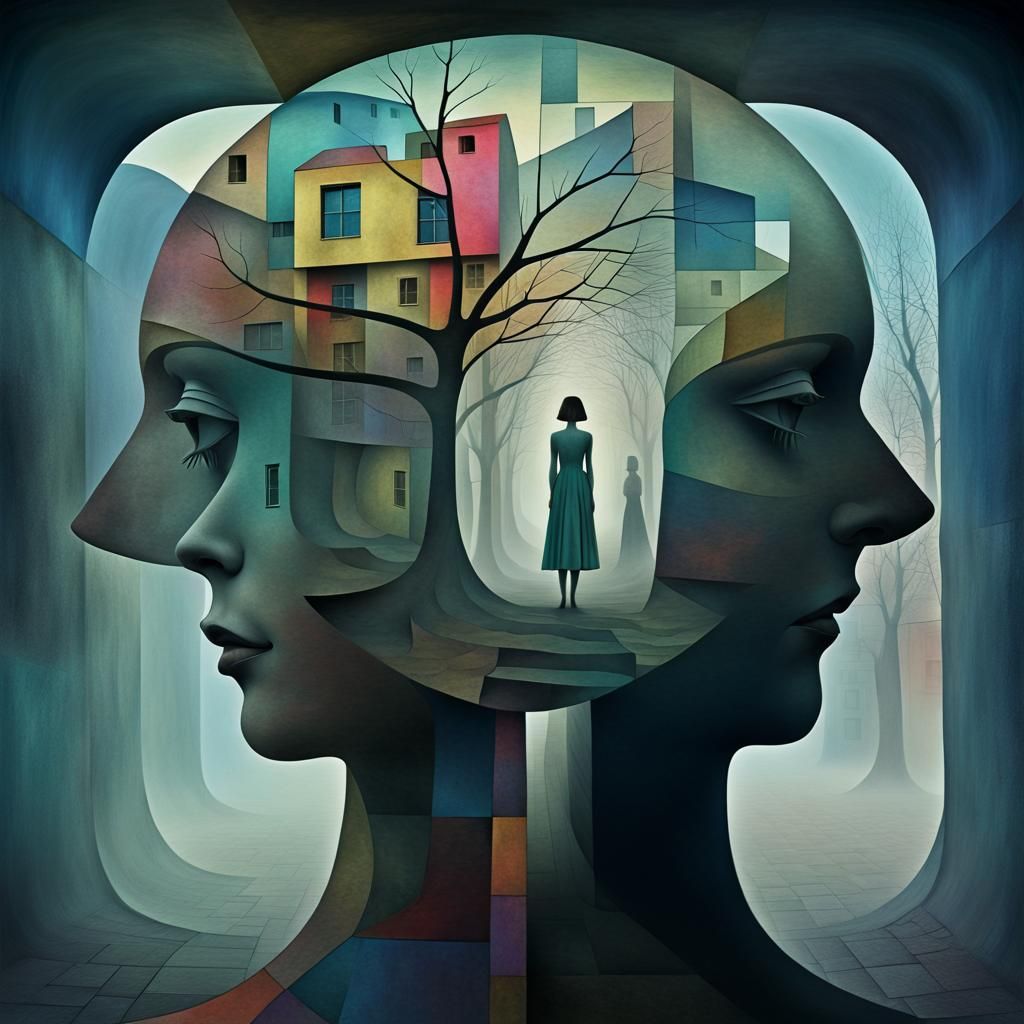 Lonely Woman in Surreal Expressionist Double Exposure