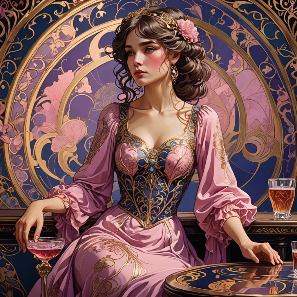 Art Nouveau Woman in Pink Dress at Bar