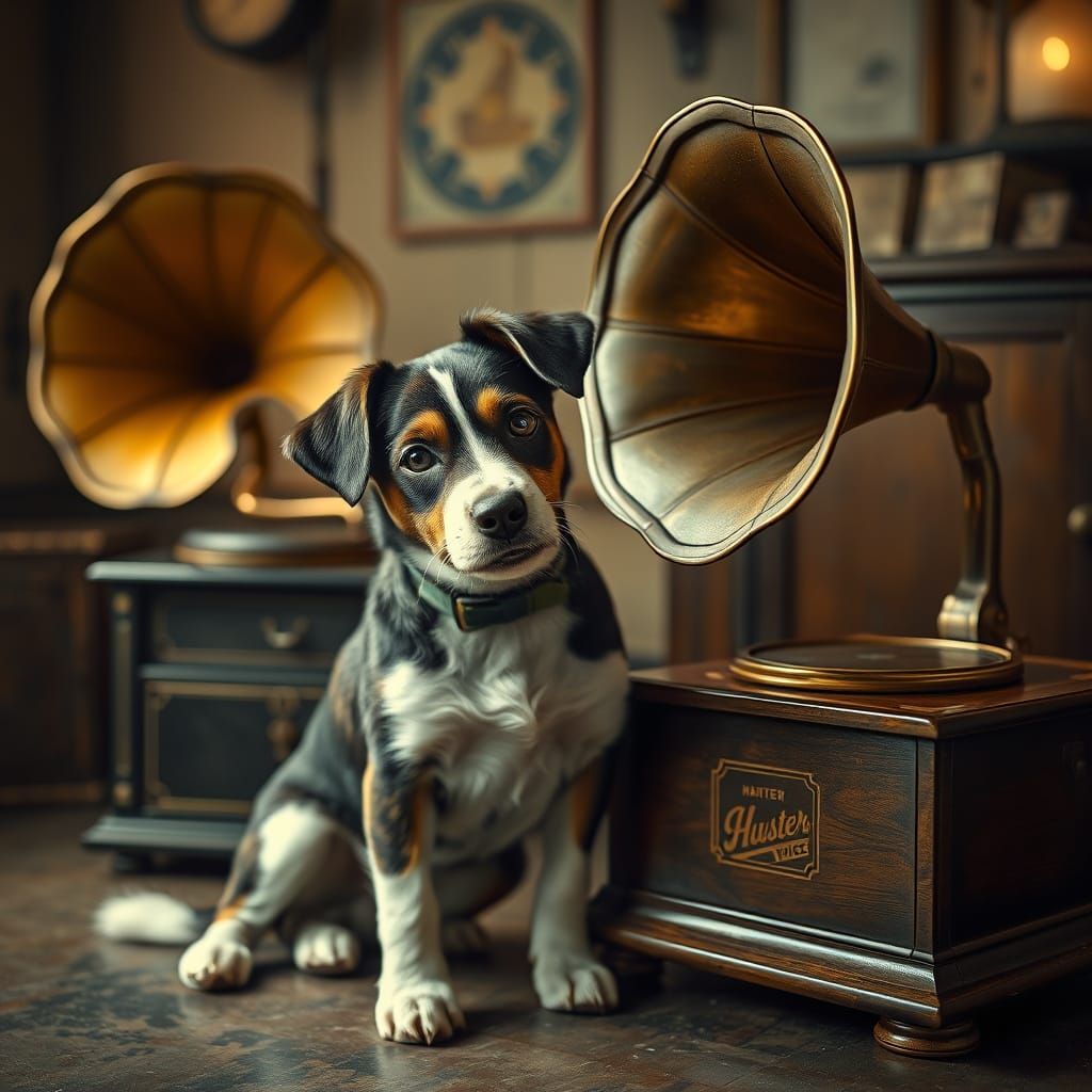 Vintage Dog Admires Antique Gramophone in Nostalgic Retro Se...
