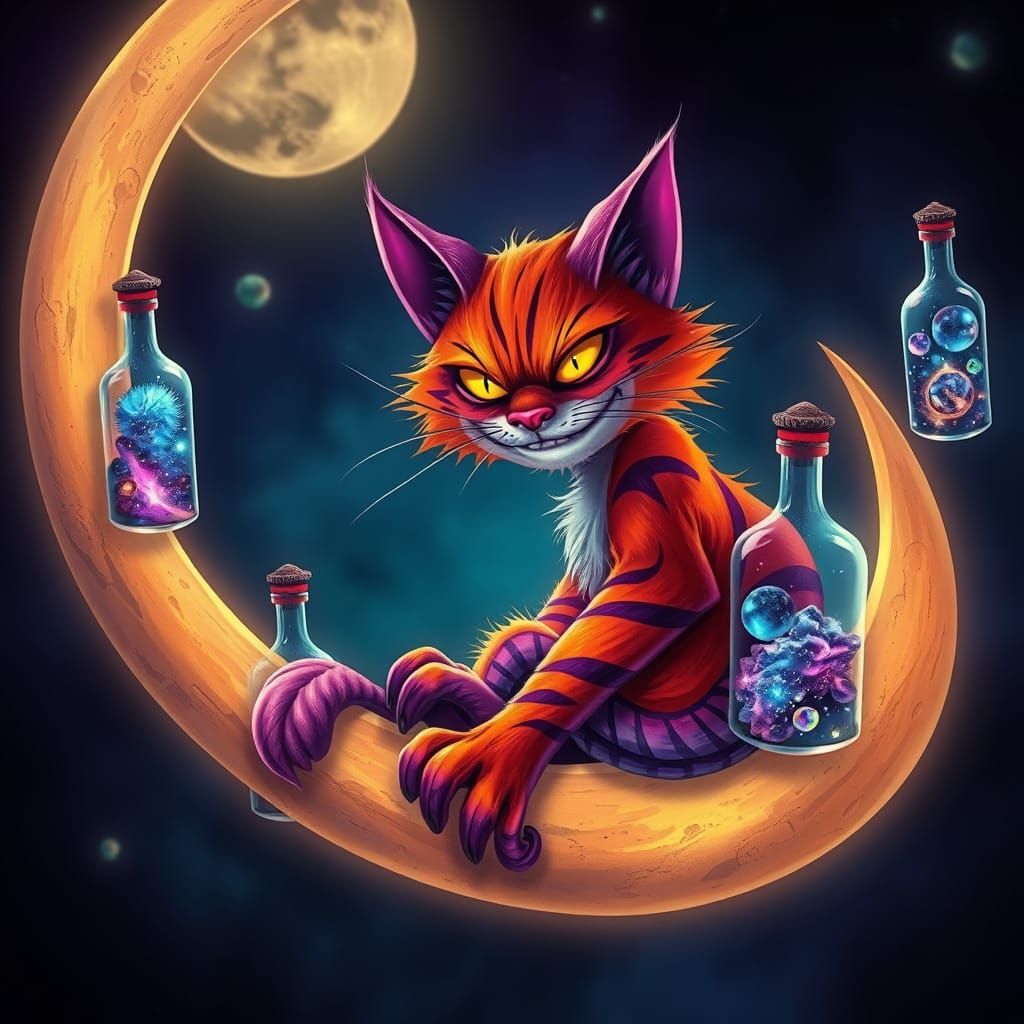 Whimsical Cosmic Cat on Crescent Moon with Levitating Galaxi...