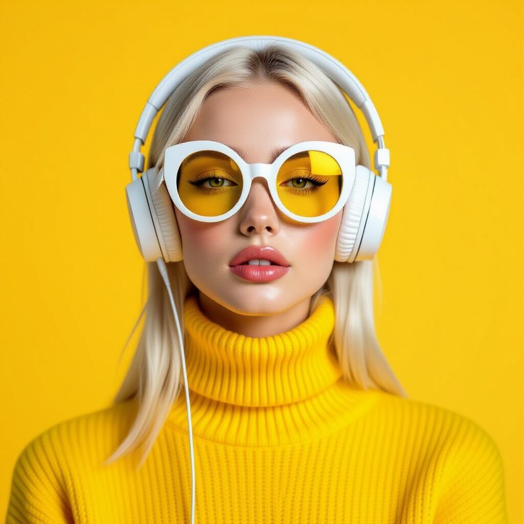 Studio Portrait of Woman in Yellow Turtleneck and Sunglasses