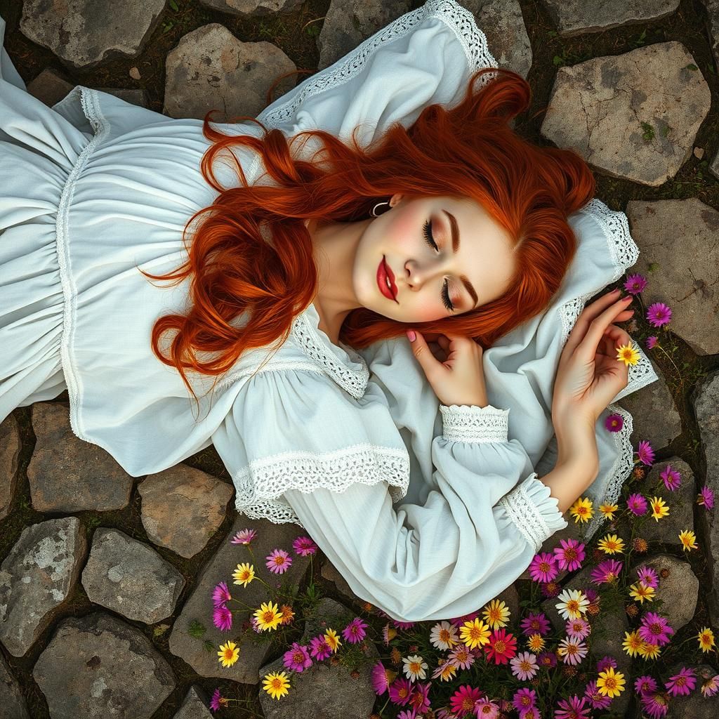 Woman in Lace Dress Among Wildflowers