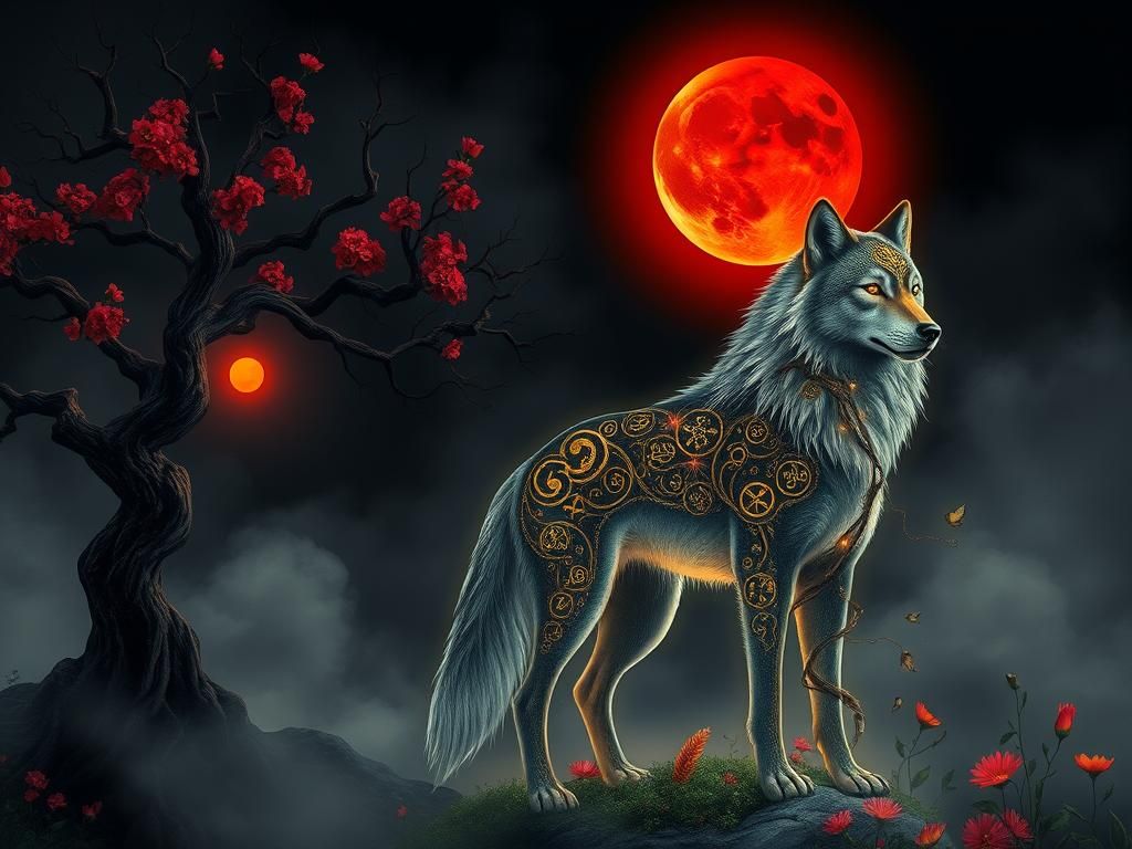 Luminous Wolf Spirit Under Crimson Moon, Art Nouveau Style