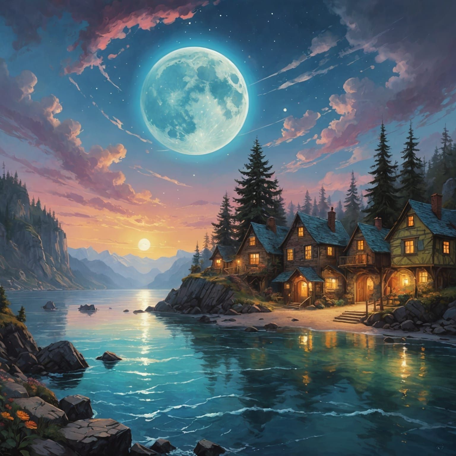 Colorful Seascape Moonscape in Mixed Media Style