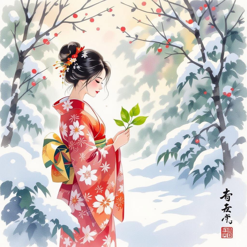 Winter Garden: Woman Awaiting Sun in Ink Splash Watercolor