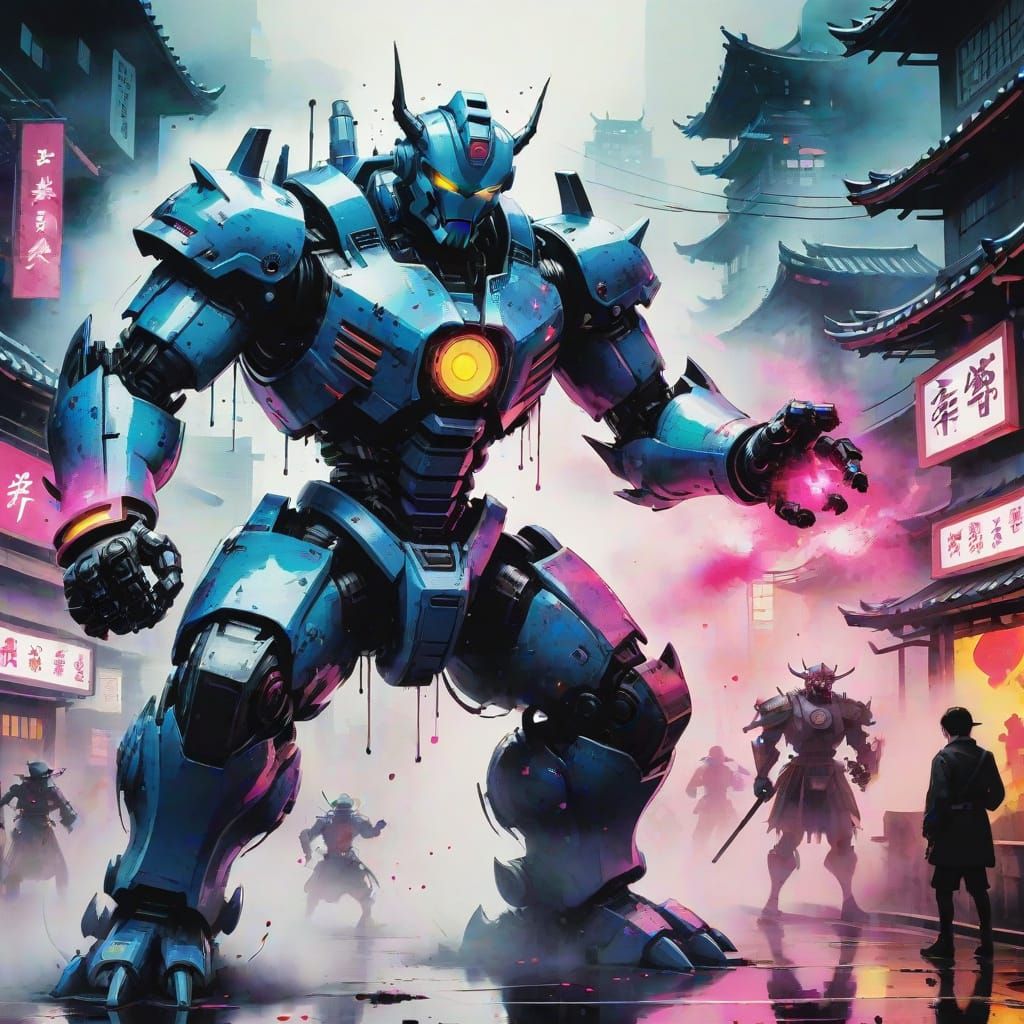 Robot Versus Monster in City as Sumi-e Painting