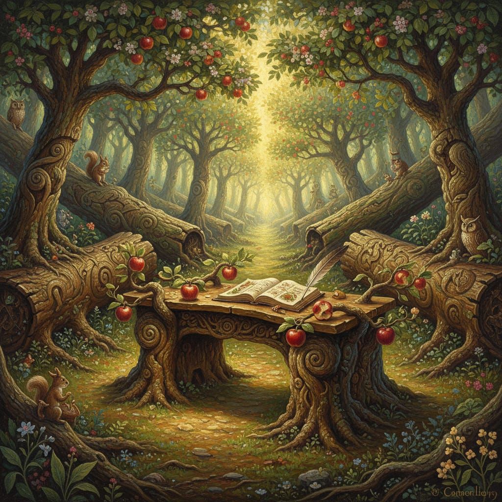 Enchanted Forest Clearing with Apple Tree Desk