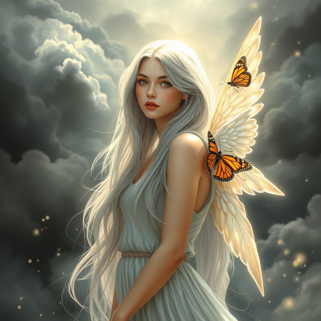 a young woman with long, flowing silver hair and luminous, p...