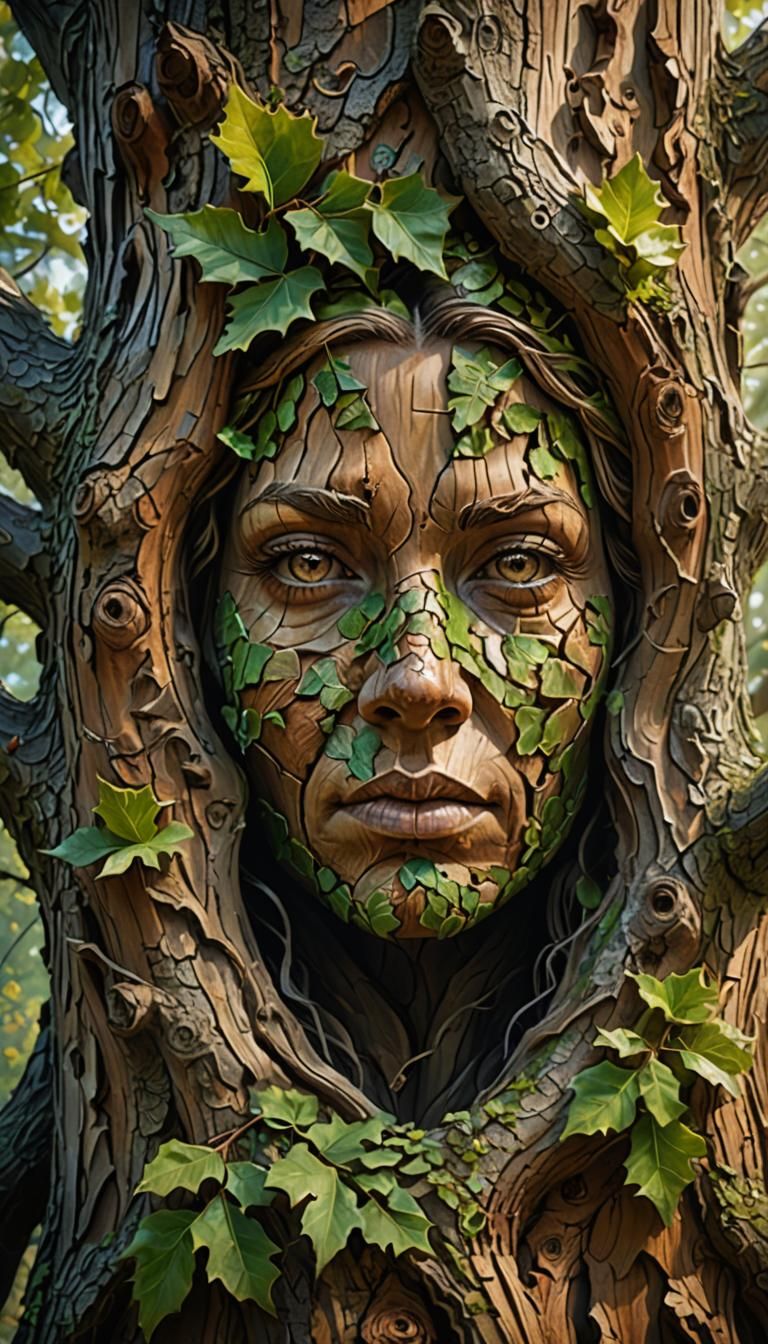 Oak Tree Carving: Woman's Face in Hyper-Realistic Oil Painti...