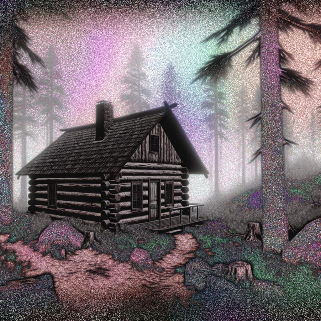 Surreal Forest Cabin in Early 2000s Computer Graphics Style