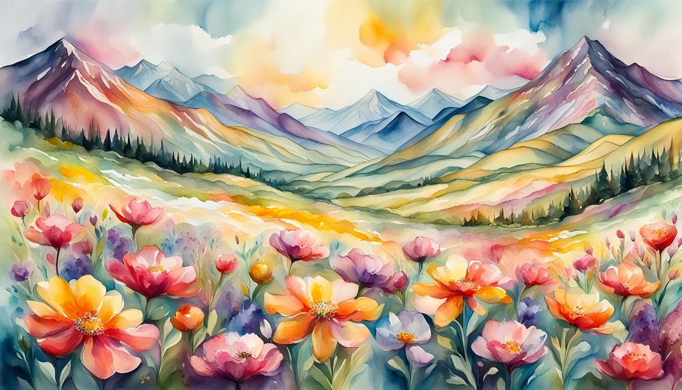 Encaustic Watercolor: Flower Field and Mountains