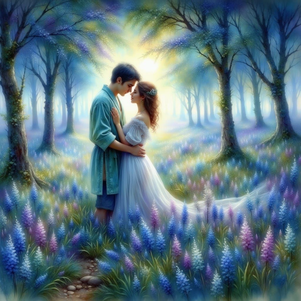 Ethereal Lovers in Bluebell Field, Art Nouveau Style