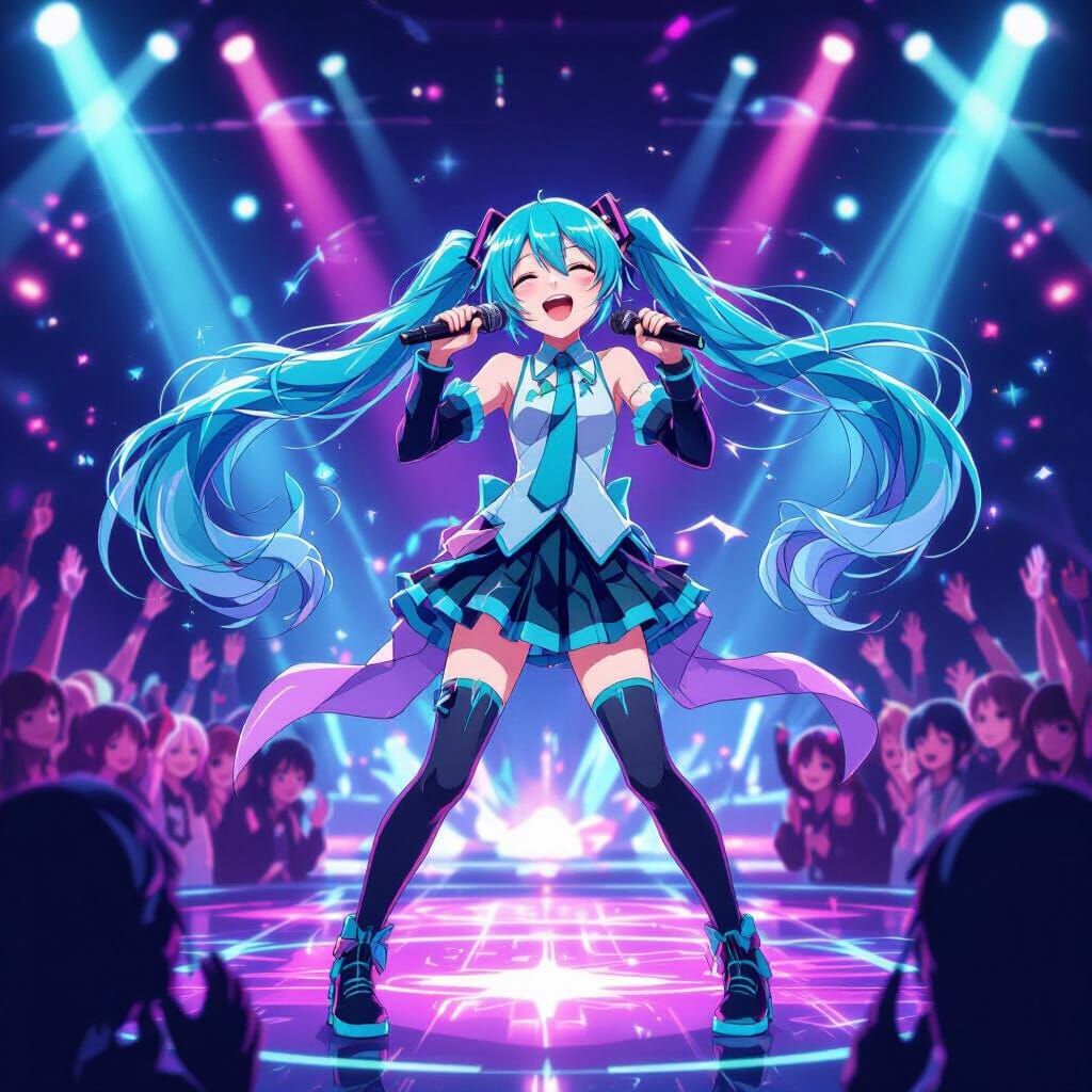 Hatsune Miku Singing on Futuristic Stage in Neon Lights