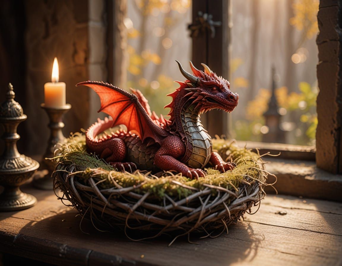 Whimsical Wizard's Table Still Life with Sleeping Red Dragon