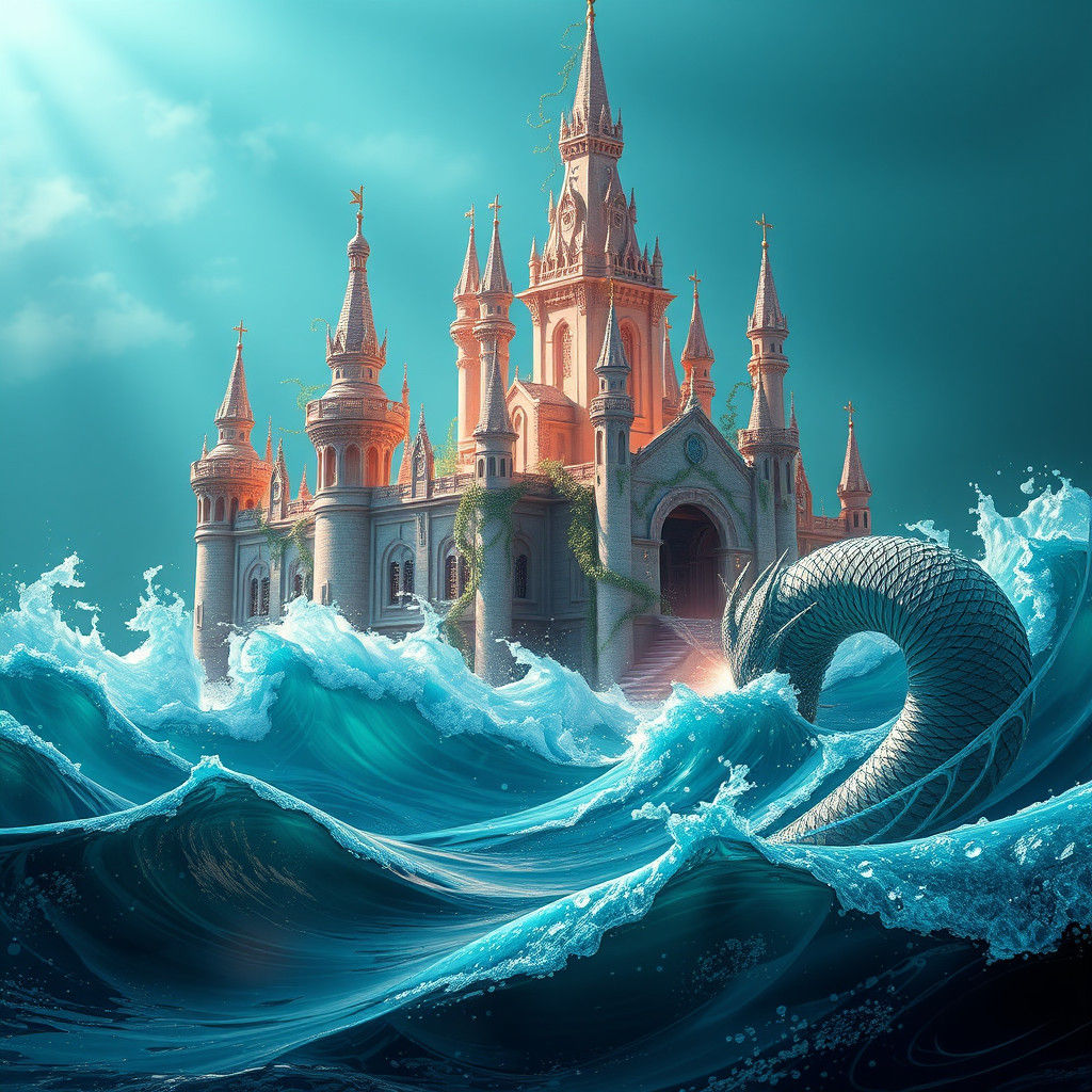 Mystical Rose Castle Emerges from Teal Ocean