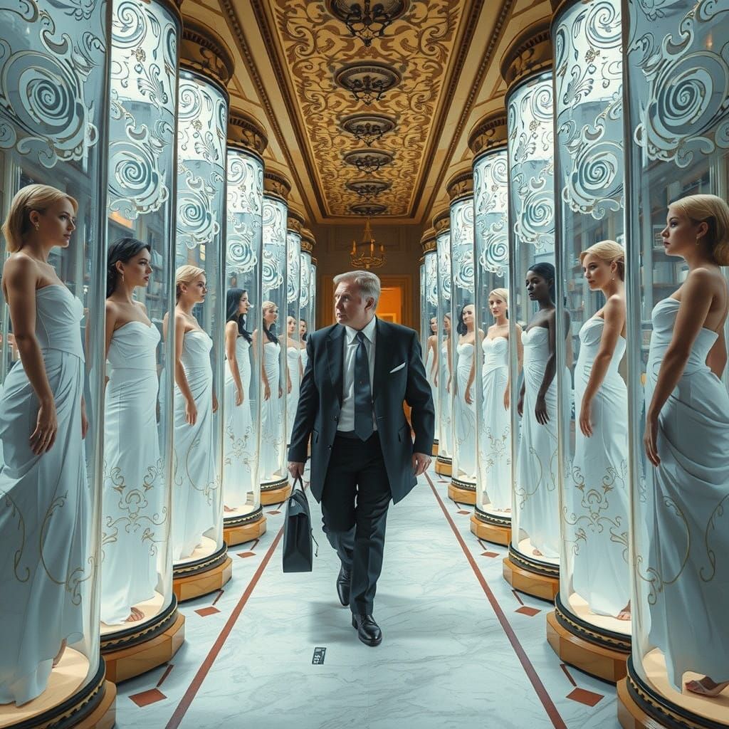 Mid-Fifties Man Walks Through Elegant Corridors with Etherea...