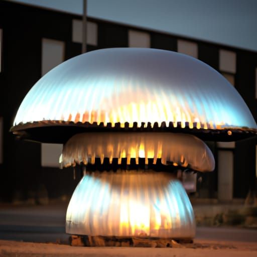 Giant Metallic Mushroom with Industrial Glow