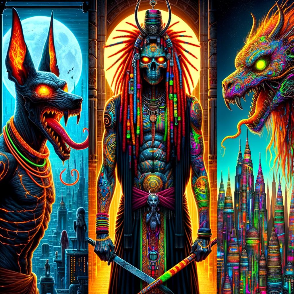 Surreal Metropolis: Anubis, Dragon, and City-Crowned Figure