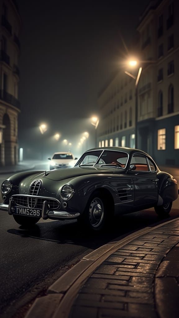 Nostalgic Parisian Nightscape with Vintage Sports Car
