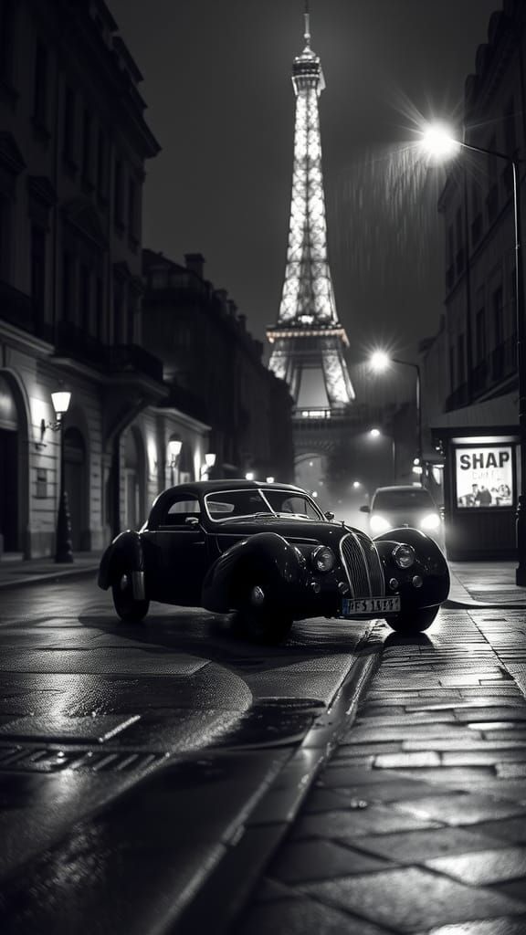 Vintage Car in Paris at Night, Dramatic Black and White