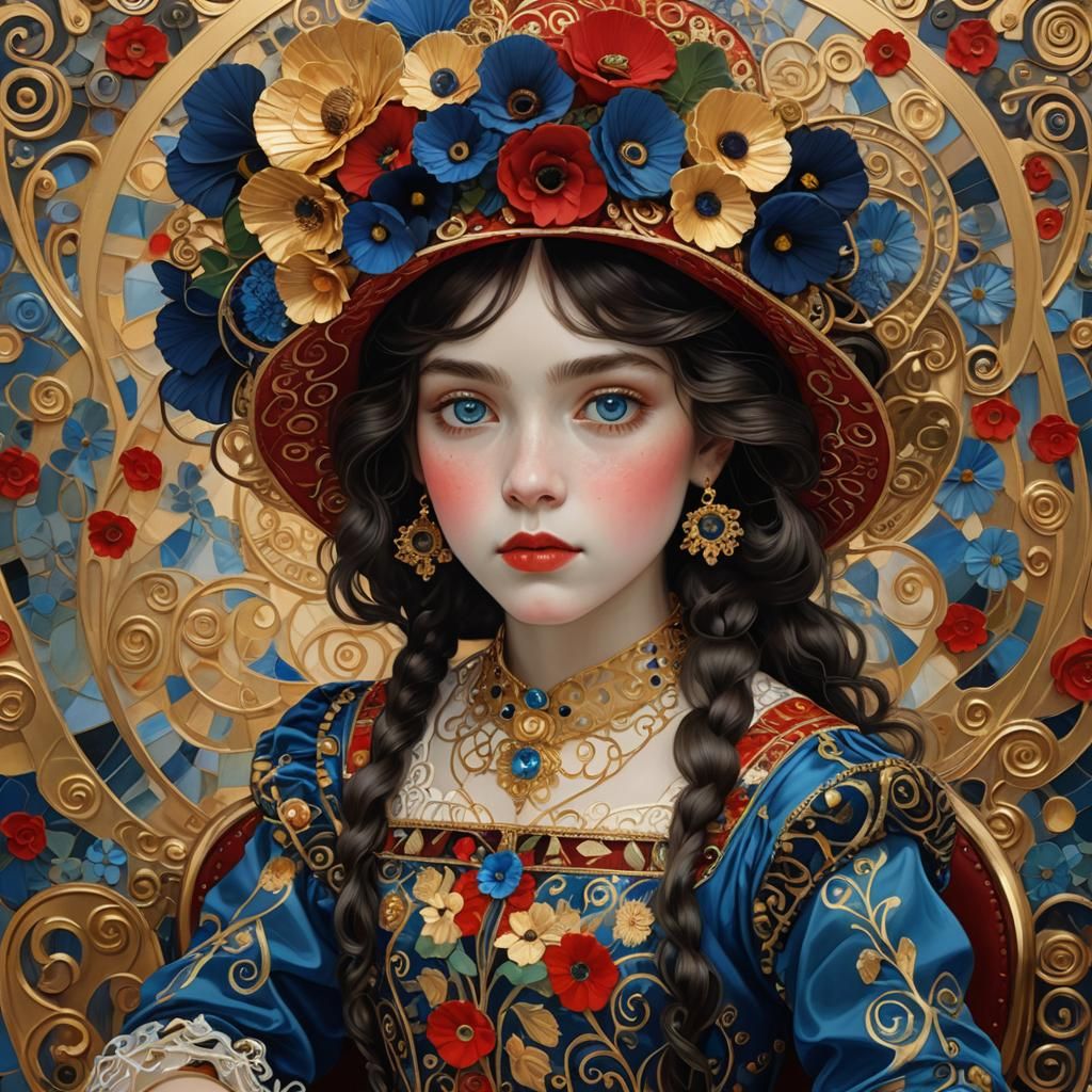 Klimt-Inspired Portrait of Girl with Red Hat