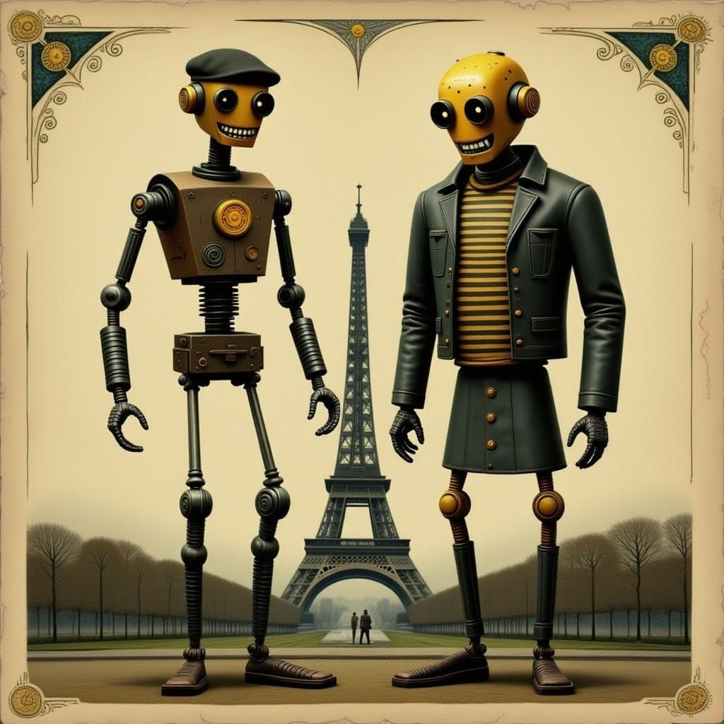 Vintage French Steampunk Robots by the Eiffel Tower