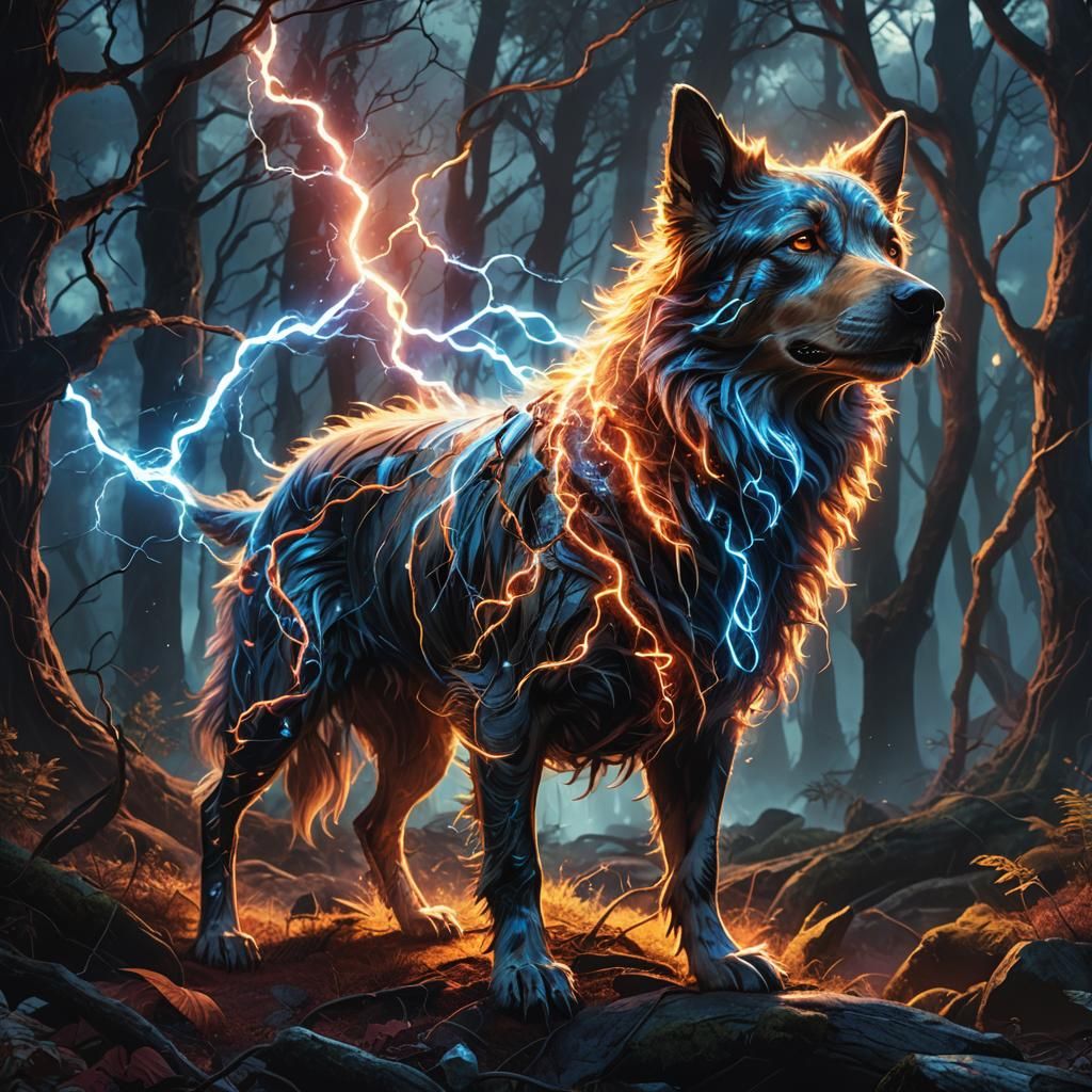 Electricity Dog in Mystical Forest, Digital Art