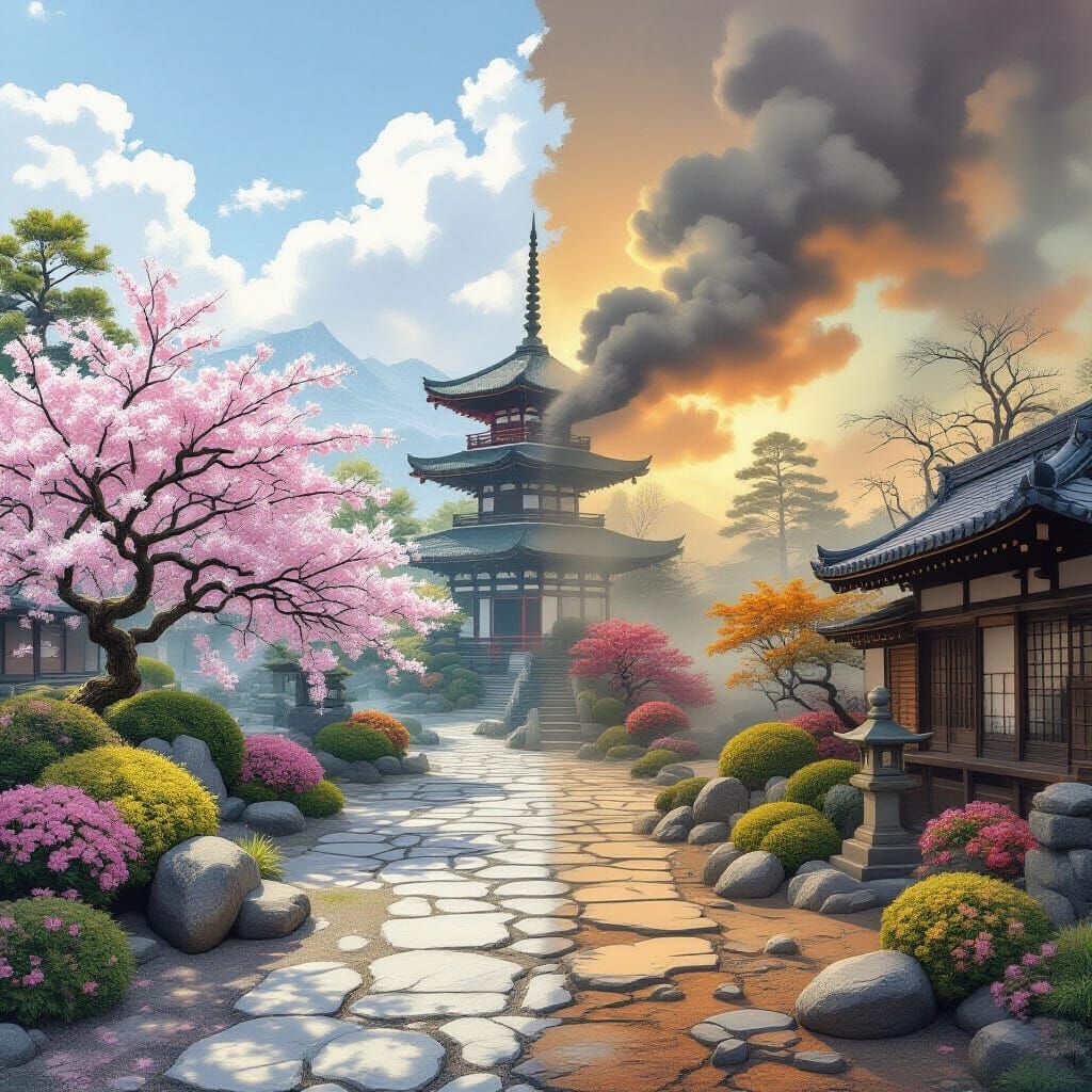 Yin Yang: Serene Garden and Apocalyptic Wasteland