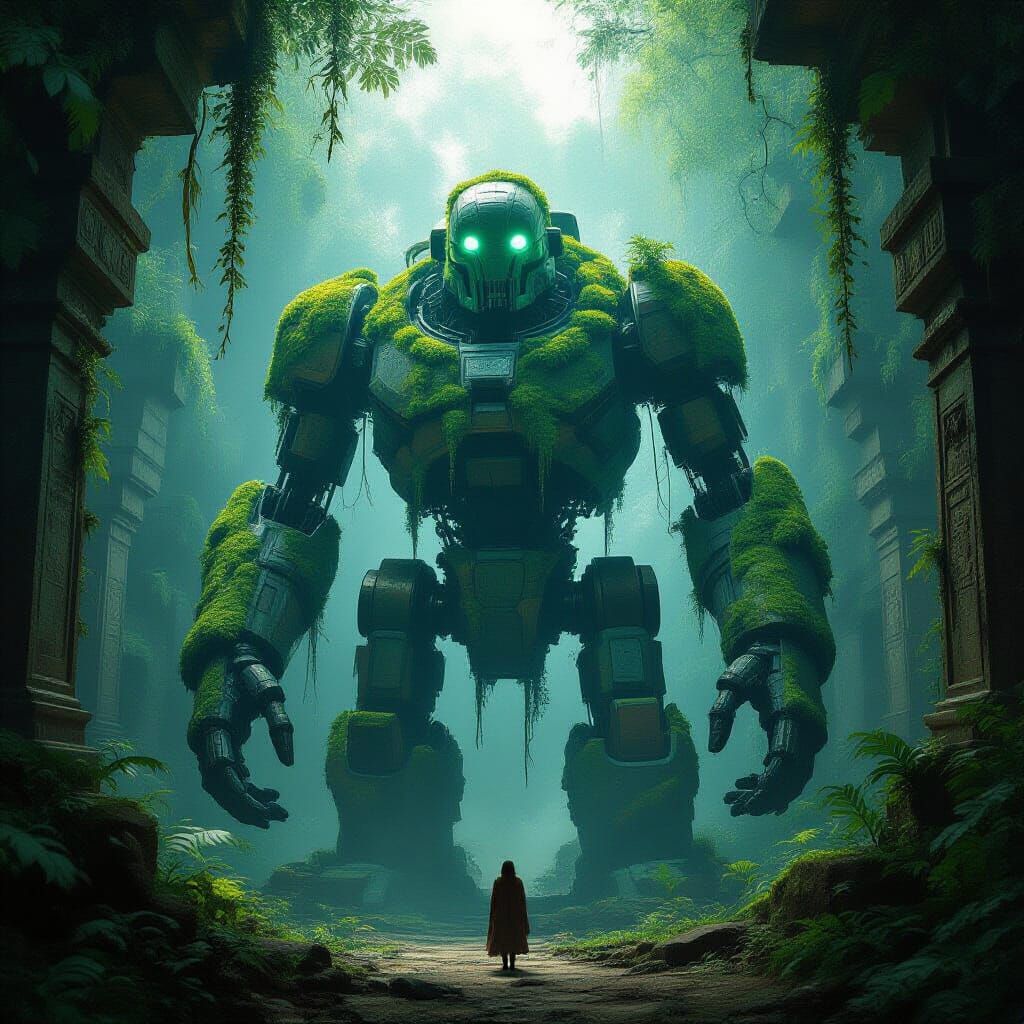 Ancient Automaton in Bioluminescent Jungle Temple