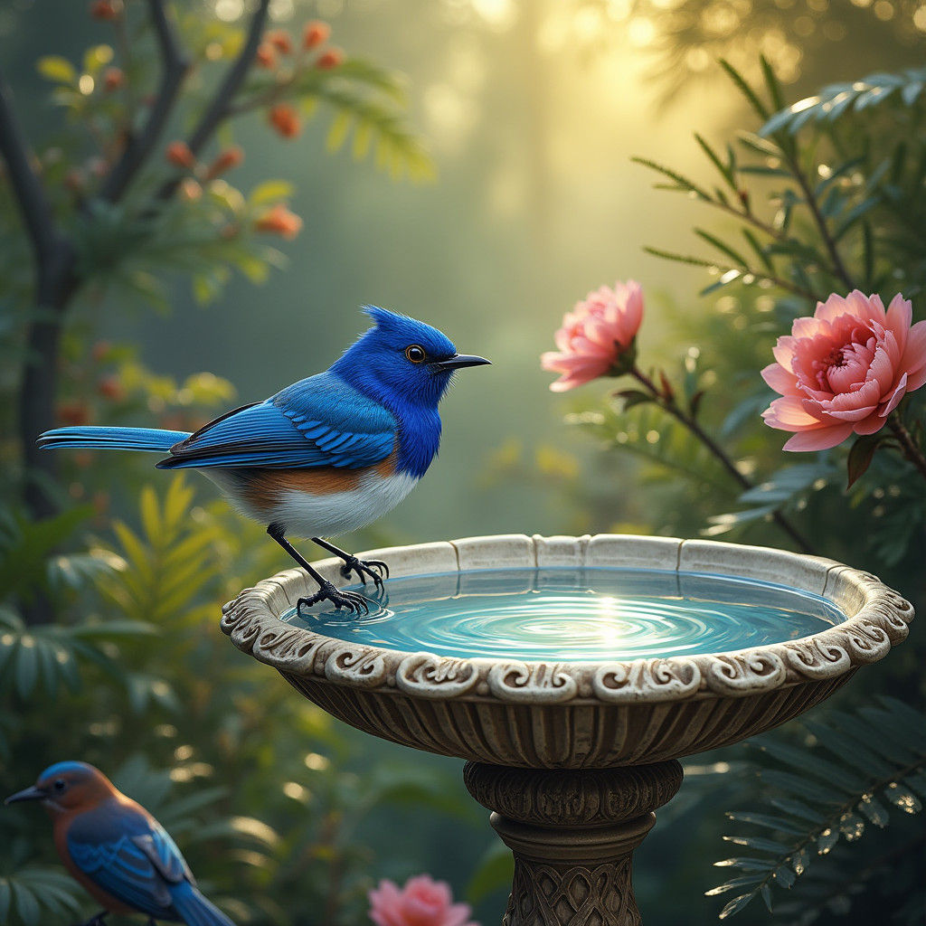 Blue Fairy Wren on Art Nouveau Bird Bath