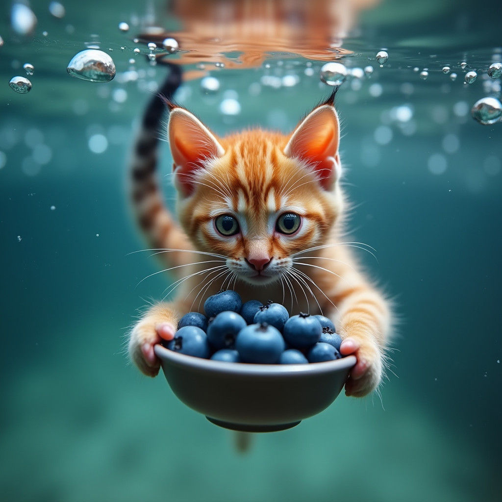 Underwater Kitten Eats Blueberries: DSLR Photography
