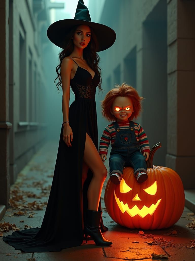 Hyperrealistic Halloween Witch and Chucky Scene