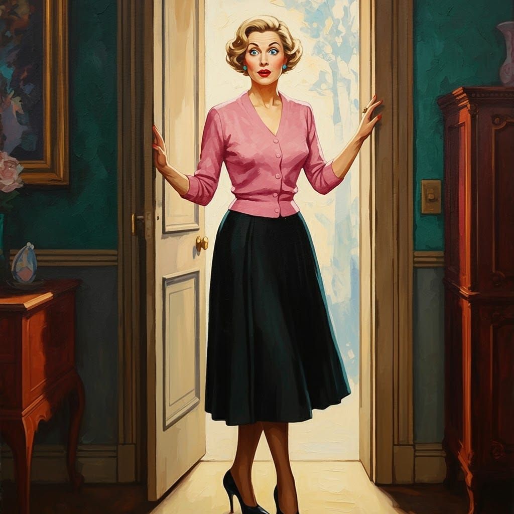 Elegant Woman in Doorway, Impressionistic Pin-Up Style