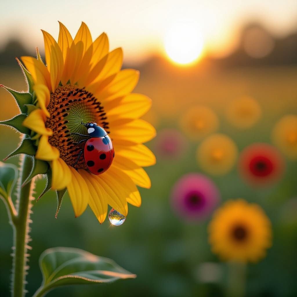 Ladybug Ascends Sunflower Stem Towards Crystal Dew Orb