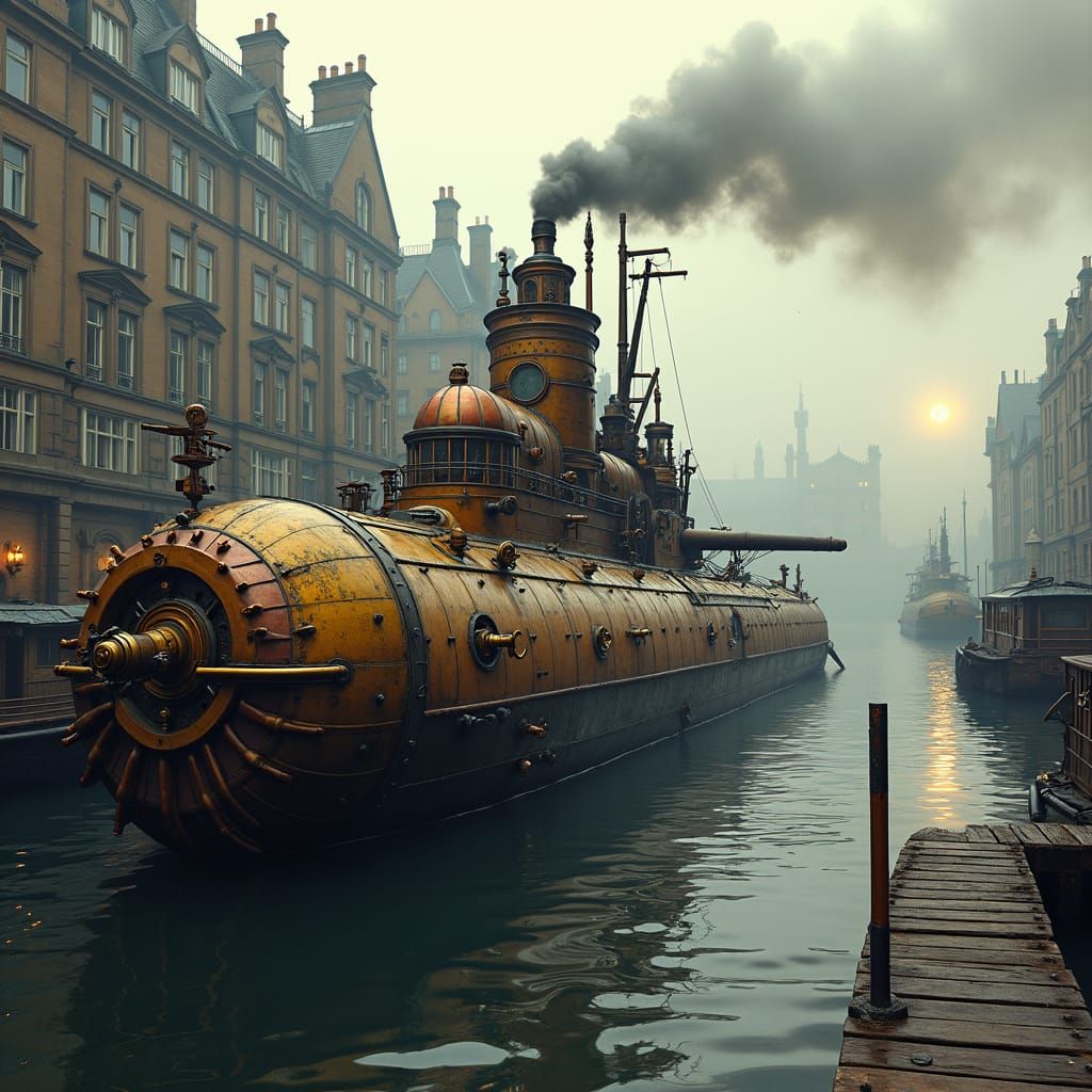 Steampunk Submarine at 18th Century London Dock