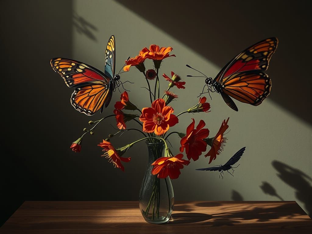 A surreal still life of mechanical butterflies flitting arou...