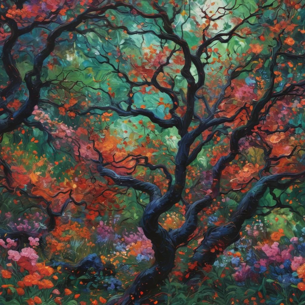 Garden Exploding into Hell as Impasto Oil Painting