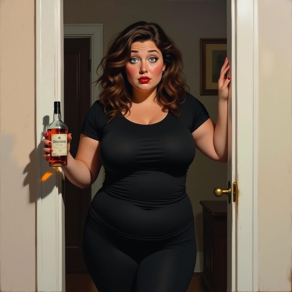 Disheveled Woman Staggers, Offering Whiskey in Moody Realism