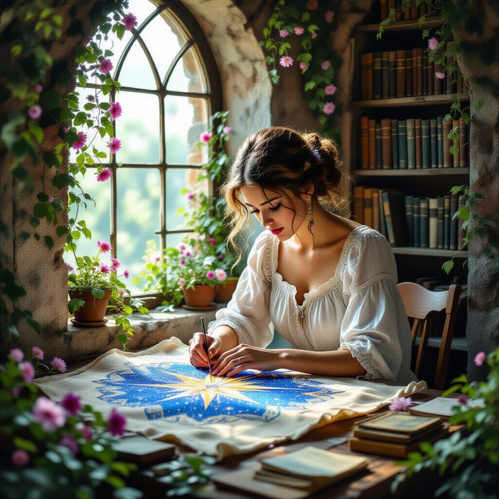 Seamstress Weaves Celestial Map in Ancient Library