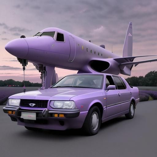Jet plane behind car, (lavender sky:1.3) loitering aliens, (...
