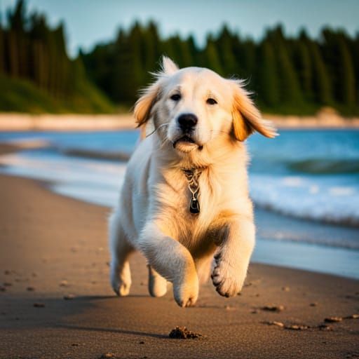 Golden Retriever Puppy Playing on Beach at Sunset